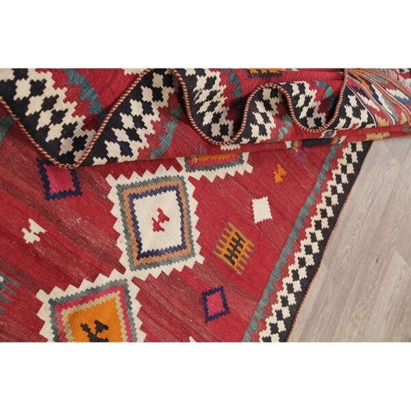 Kilim Qashqai Geometric Hand-Woven Wool Persian Oriental Rug - 9'10" x 3'8" Runner