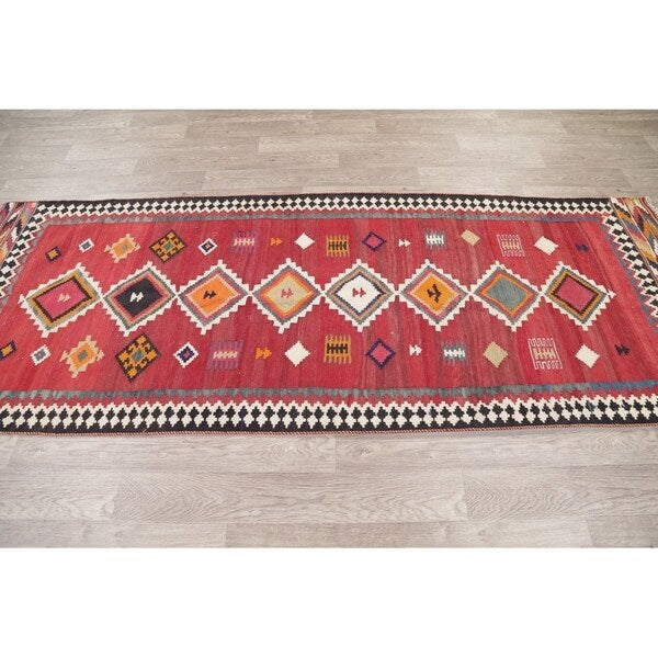 Kilim Qashqai Geometric Hand-Woven Wool Persian Oriental Rug - 9'10" x 3'8" Runner