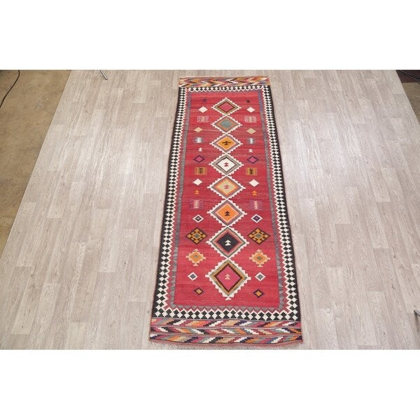 Kilim Qashqai Geometric Hand-Woven Wool Persian Oriental Rug - 9'10" x 3'8" Runner