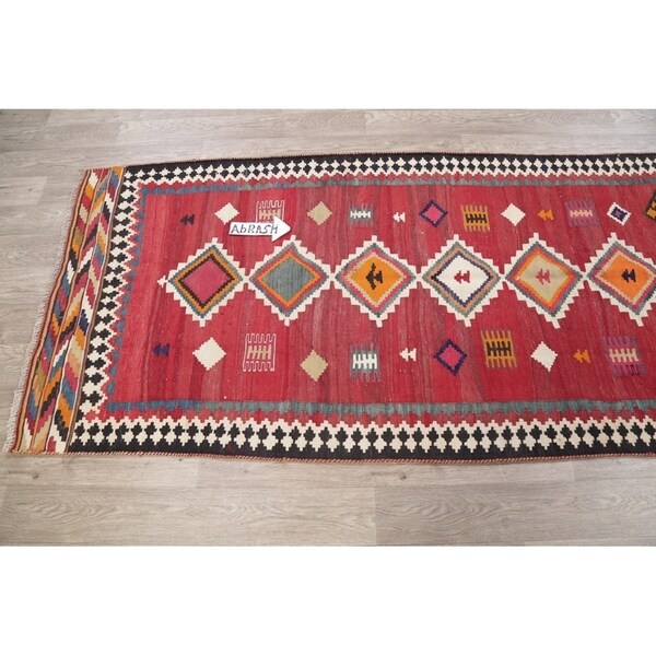 Kilim Qashqai Geometric Hand-Woven Wool Persian Oriental Rug - 9'10" x 3'8" Runner
