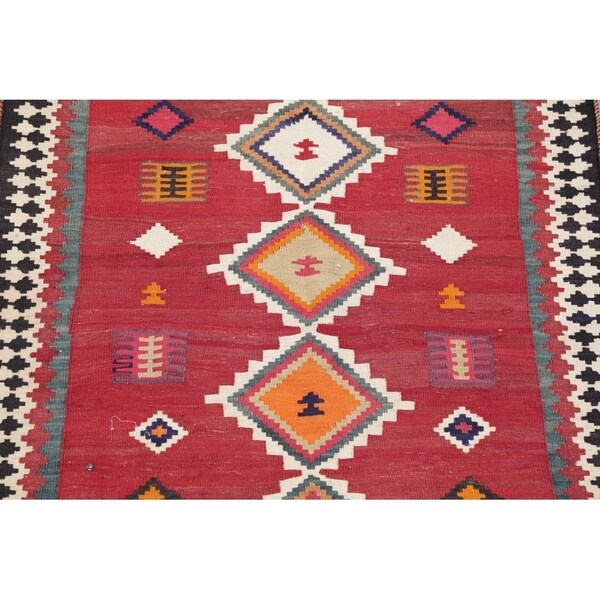 Kilim Qashqai Geometric Hand-Woven Wool Persian Oriental Rug - 9'10" x 3'8" Runner