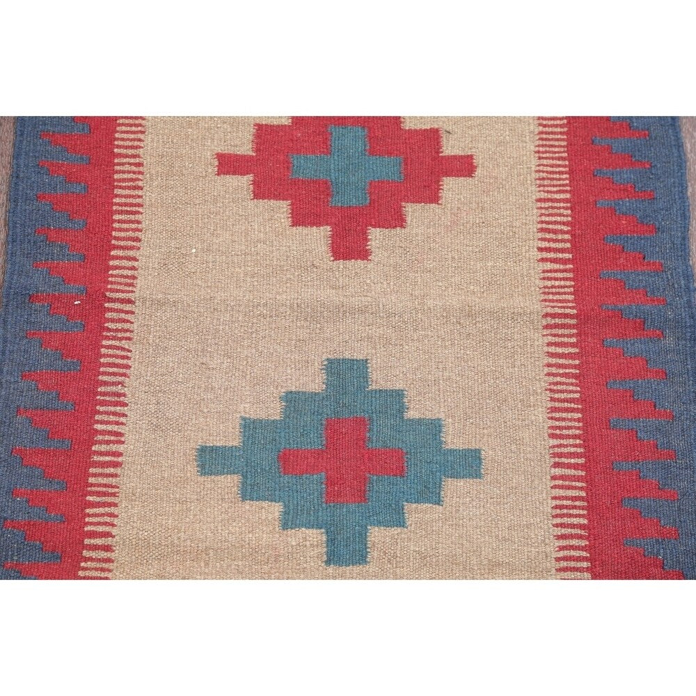Kilim Shiraz Geometric Hand-Woven Wool Persian Oriental Area Rug - 3'0" x 2'1"