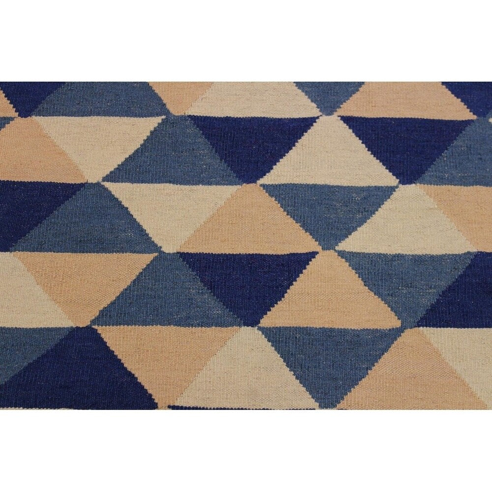 Kilim Sweet Ivory/Blue Hand-Woven Wool Rug -6'4 x 8'9 - 6'4" x 8'9"