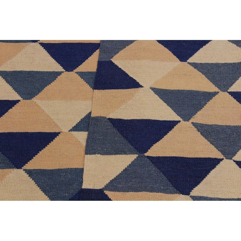 Kilim Sweet Ivory/Blue Hand-Woven Wool Rug -6'4 x 8'9 - 6'4" x 8'9"