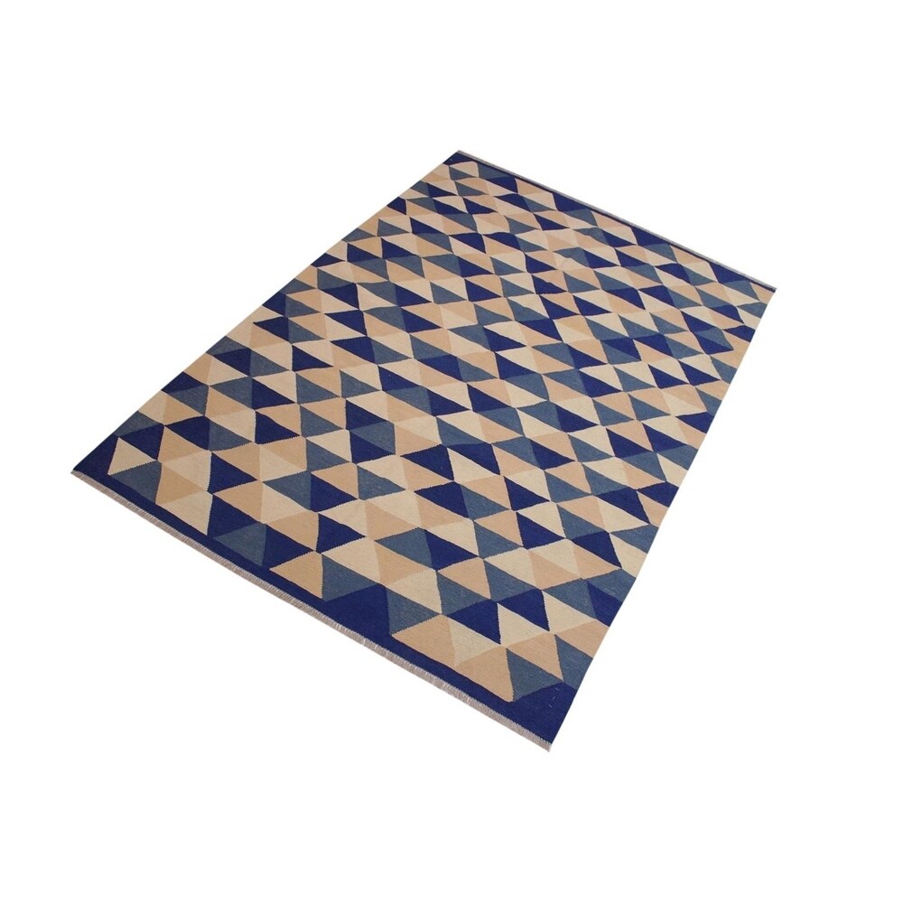 Kilim Sweet Ivory/Blue Hand-Woven Wool Rug -6'4 x 8'9 - 6'4" x 8'9"