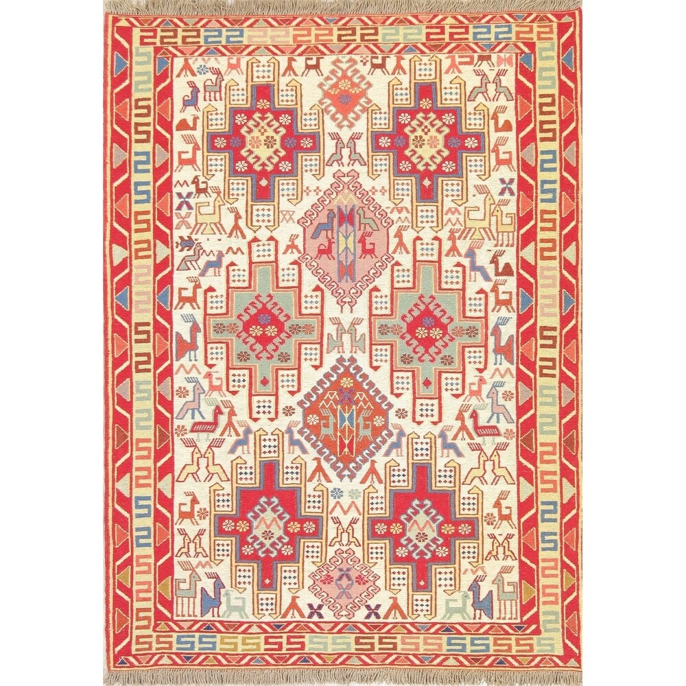 Kilim Tribal Hand Woven Wool & Silk Persian Area Rug - 4'11" x 3'7"