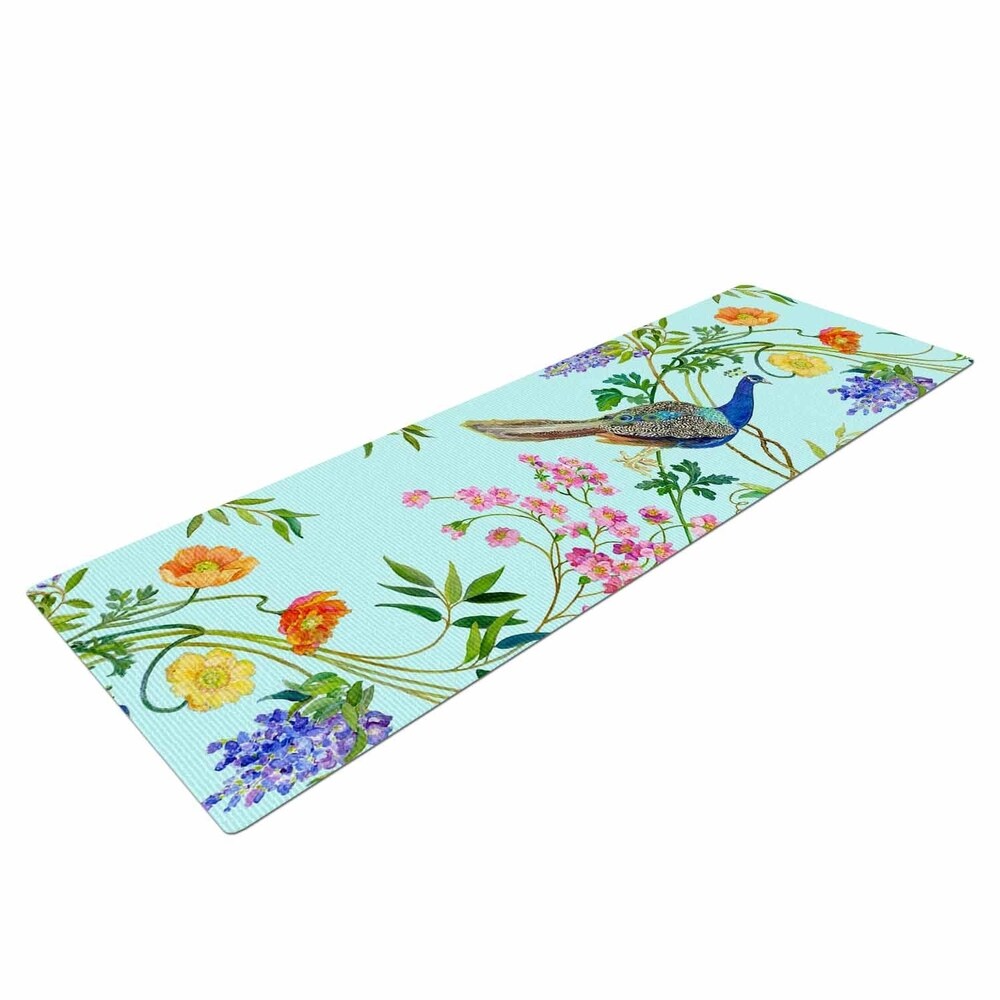 Kimberly McSparran "Peacock Chinoiserie" Multicolor Teal Animal Print Floral Painting Illustration Yoga Mat - Blue