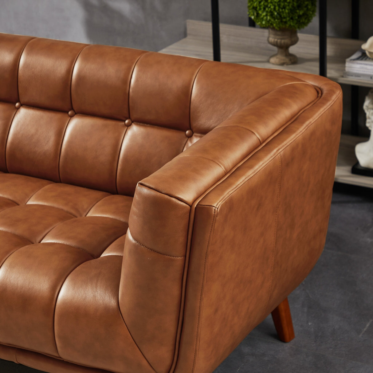 Kimeron Tufted Rectangular Tufted Back Leather Sofa in Tan