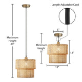 Kimika River of Goods Tan and Gold Rattan and Metal 12-Inch Pendant Light with Adjustable Hanging Cord - 12" x 12" x 15/80"