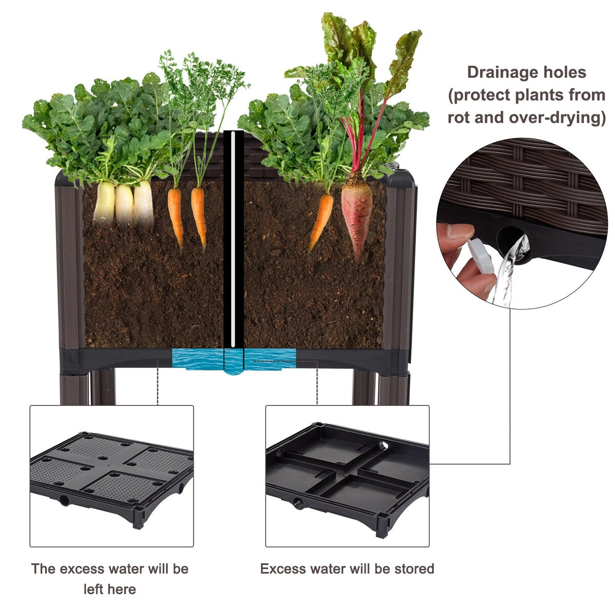Kinbor 2-Piece Rattan Flower Planter Box Set,Raised Garden Bed w/ Legs, Compact Footprint, and Self-Watering Design