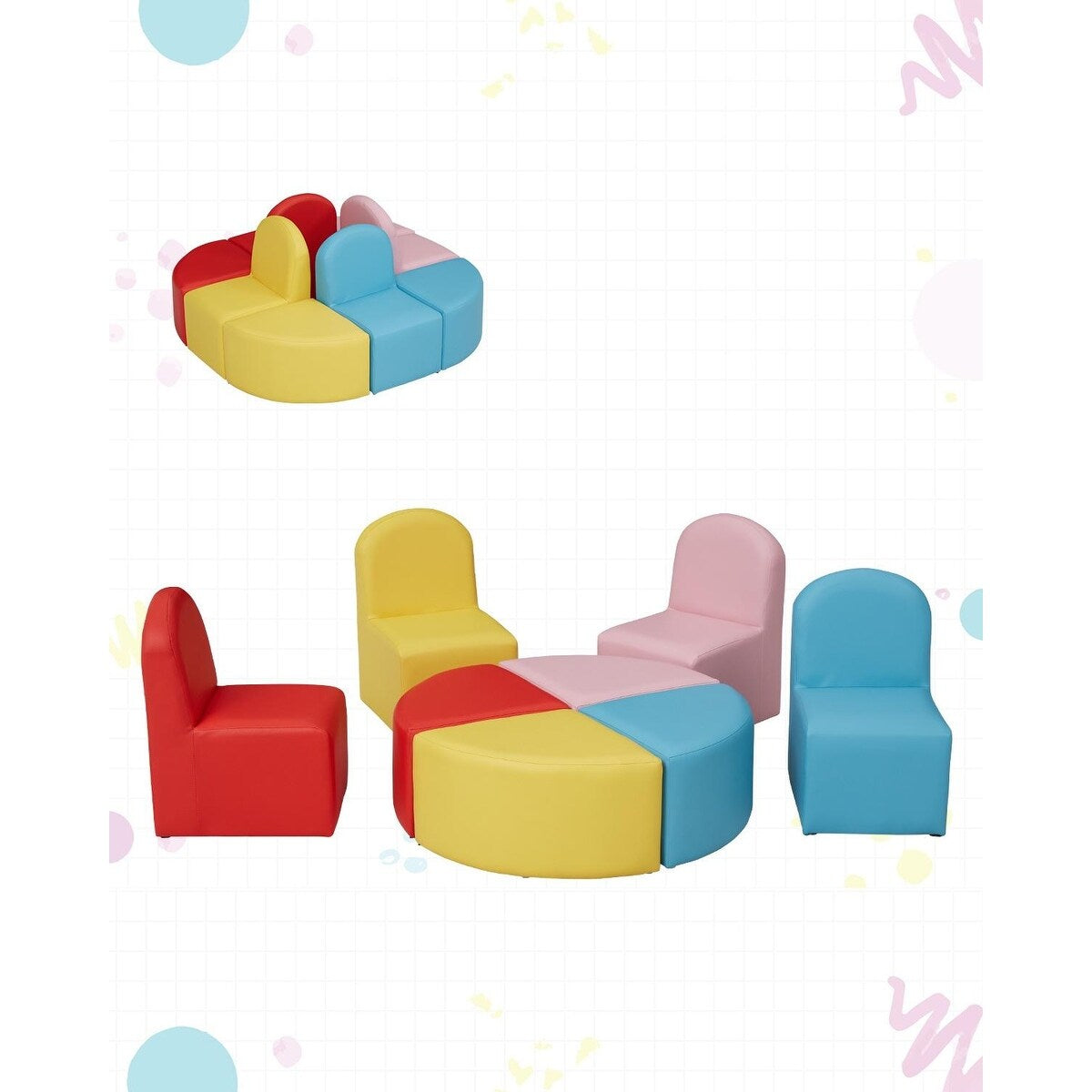 Kinbor 8 PCS Kids Sofa Set Colorful Modular Flexible Seating Set for Home Kindergarten Library