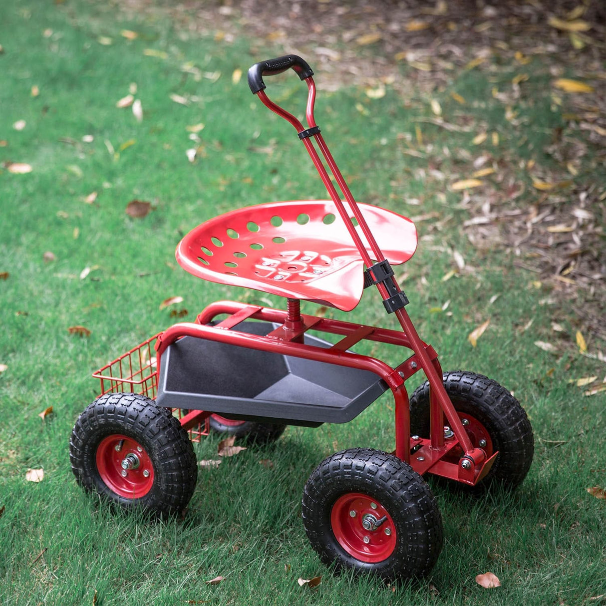 Kinbor Garden Cart Seat with Wheels, Rolling Garden Scooter with 360°Swivel Seat Extendable Steer Handle & Storage Basket