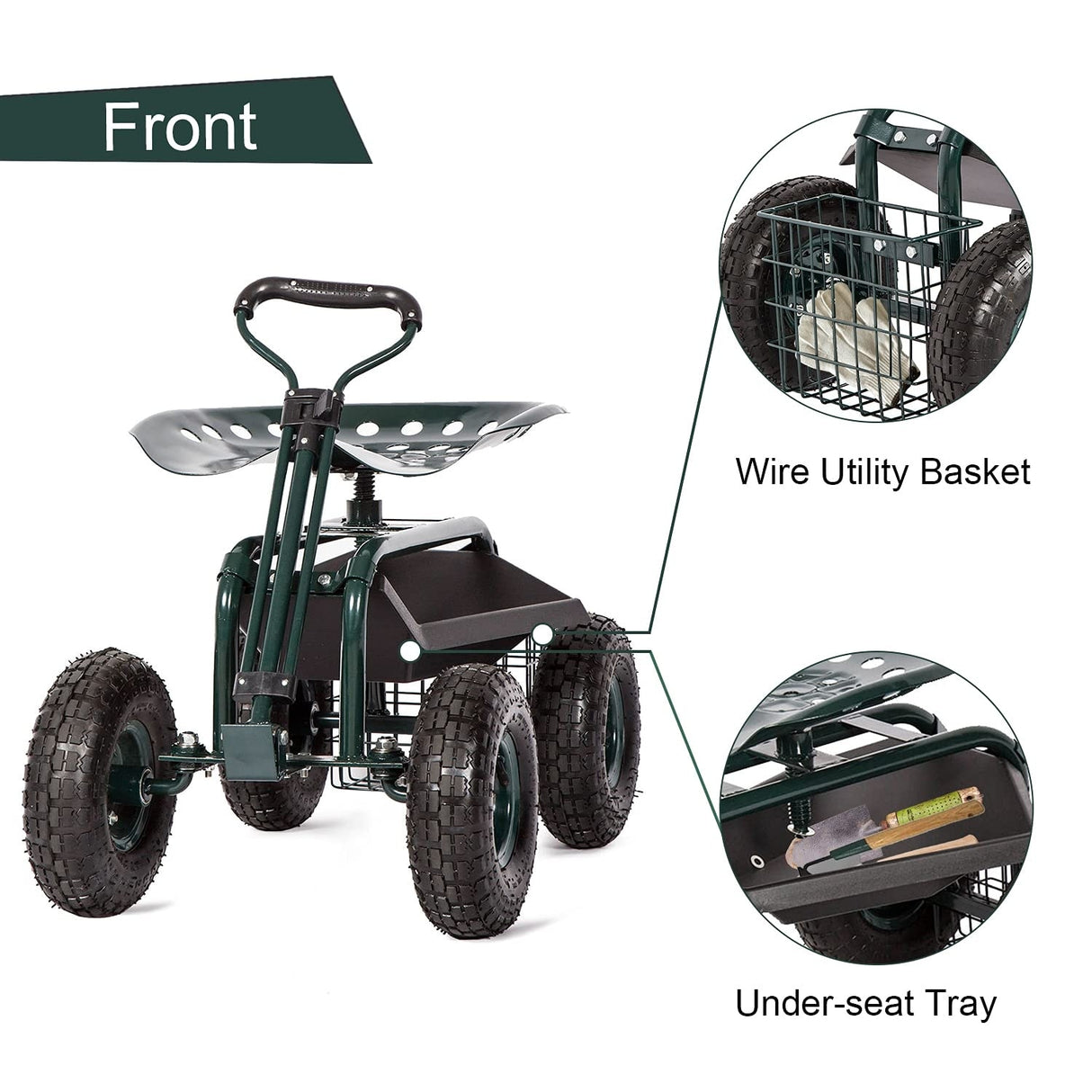 Kinbor Garden Cart Seat with Wheels, Rolling Garden Scooter with 360°Swivel Seat Extendable Steer Handle & Storage Basket