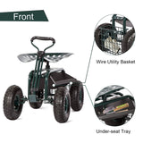 Kinbor Garden Cart Seat with Wheels, Rolling Garden Scooter with 360°Swivel Seat Extendable Steer Handle & Storage Basket