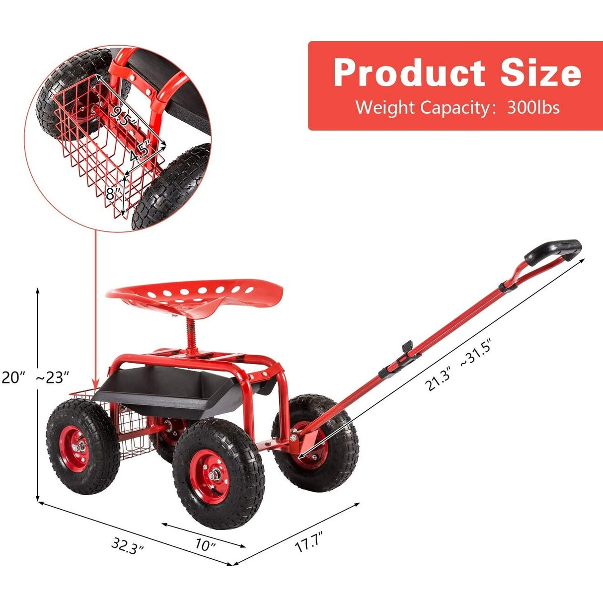 Kinbor Garden Cart Seat with Wheels, Rolling Garden Scooter with 360°Swivel Seat Extendable Steer Handle & Storage Basket