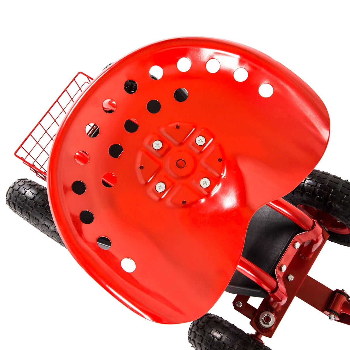 Kinbor Garden Cart Seat with Wheels, Rolling Garden Scooter with 360°Swivel Seat Extendable Steer Handle & Storage Basket