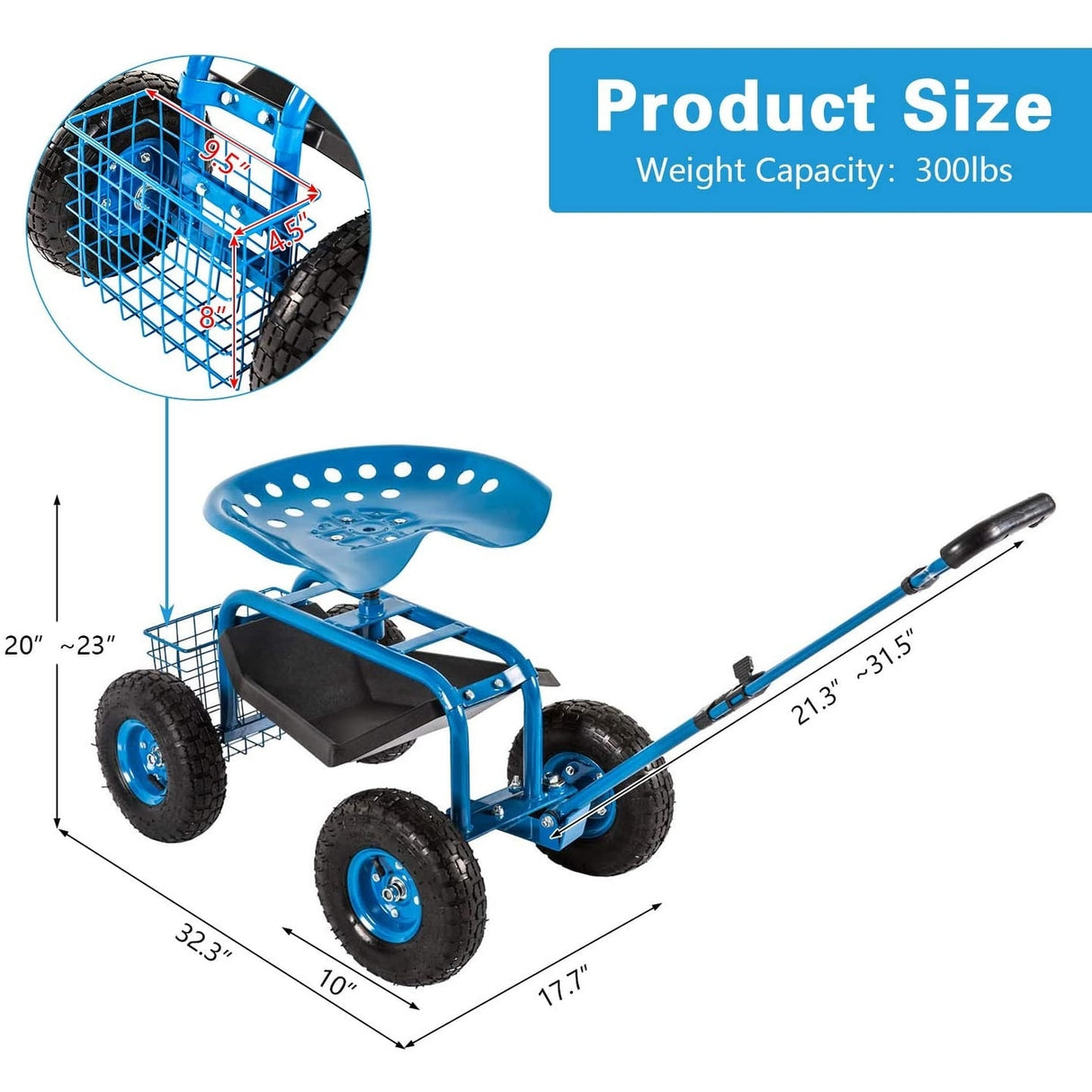 Kinbor Garden Cart Seat with Wheels, Rolling Garden Scooter with 360°Swivel Seat Extendable Steer Handle & Storage Basket