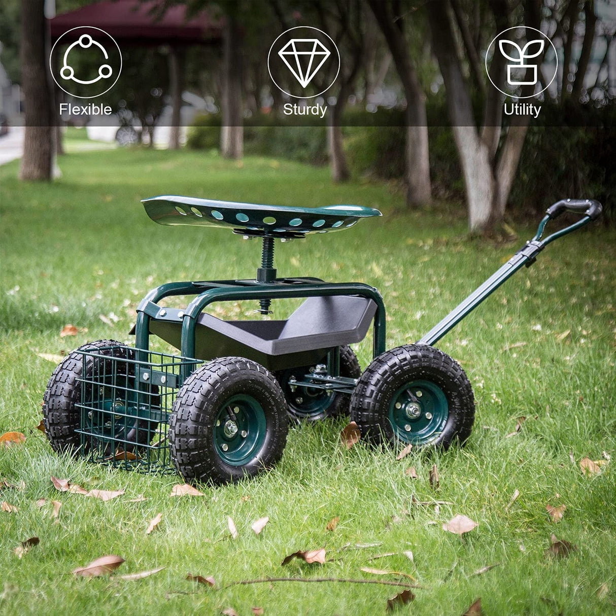 Kinbor Garden Cart Seat with Wheels, Rolling Garden Scooter with 360°Swivel Seat Extendable Steer Handle & Storage Basket