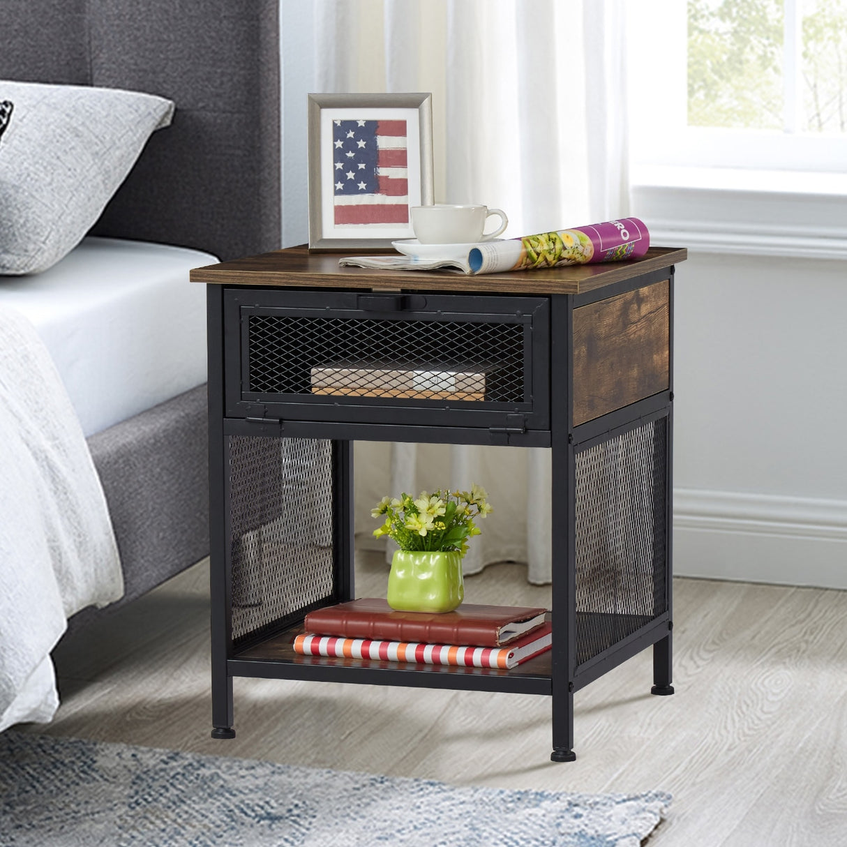 Kinbor Industrial Square Nightstand With Flip Drawer, Wood End Bedside Table W/ Mesh Shelf for Bedroom Living Room, Rustic Brown
