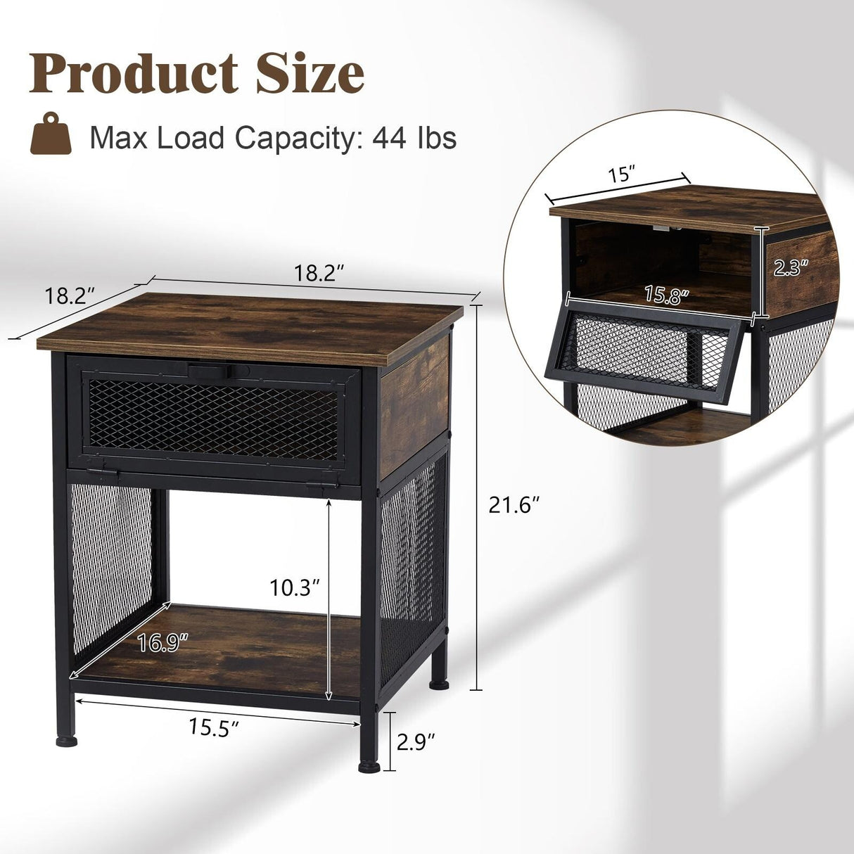 Kinbor Industrial Square Nightstand With Flip Drawer, Wood End Bedside Table W/ Mesh Shelf for Bedroom Living Room, Rustic Brown