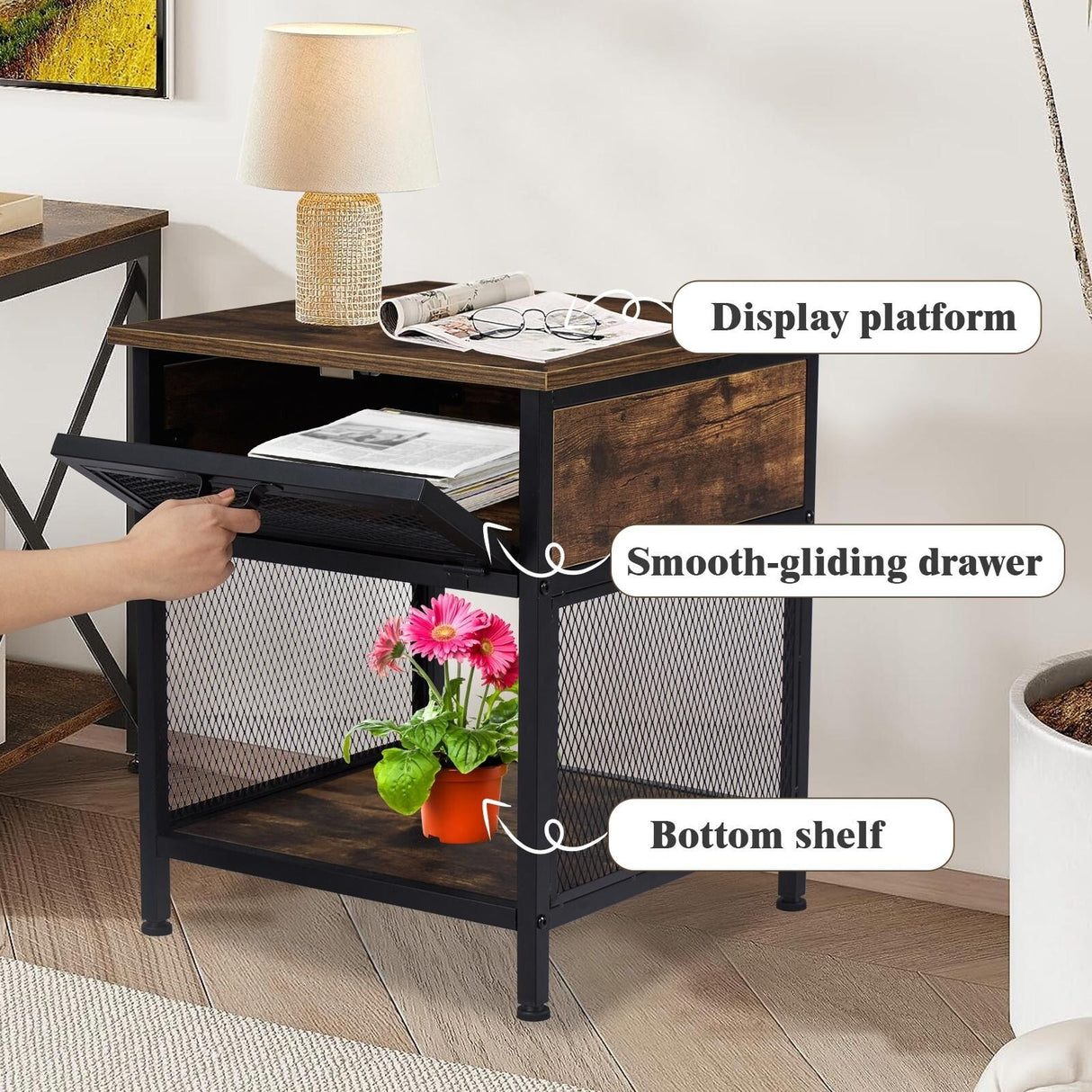 Kinbor Industrial Square Nightstand With Flip Drawer, Wood End Bedside Table W/ Mesh Shelf for Bedroom Living Room, Rustic Brown