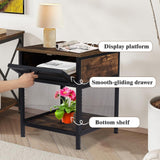Kinbor Industrial Square Nightstand With Flip Drawer, Wood End Bedside Table W/ Mesh Shelf for Bedroom Living Room, Rustic Brown