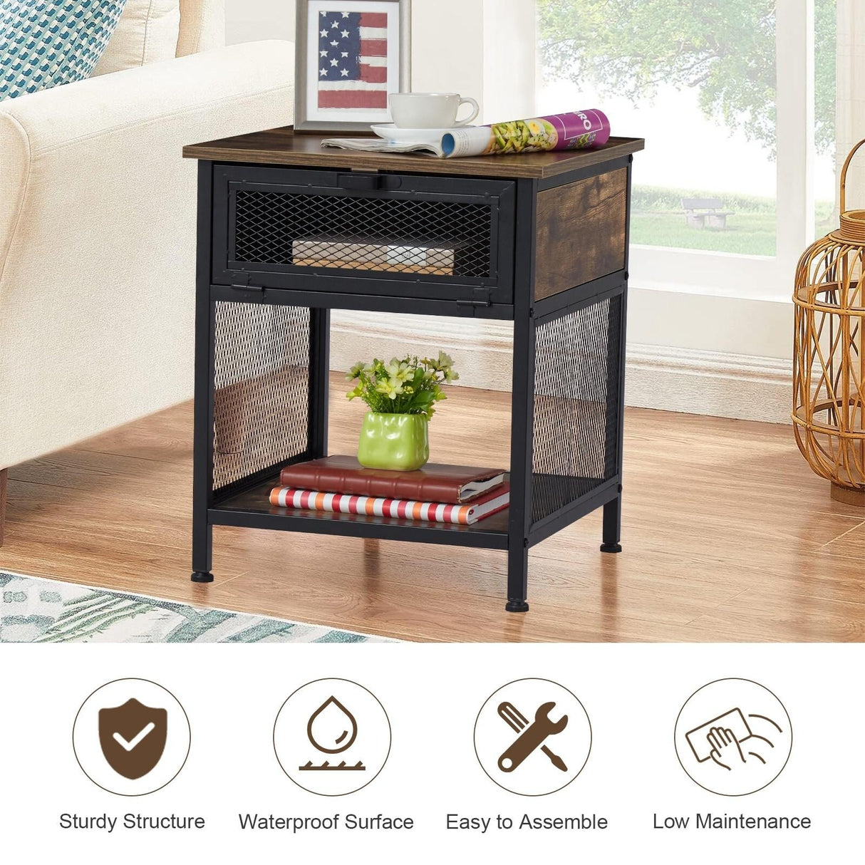 Kinbor Industrial Square Nightstand With Flip Drawer, Wood End Bedside Table W/ Mesh Shelf for Bedroom Living Room, Rustic Brown