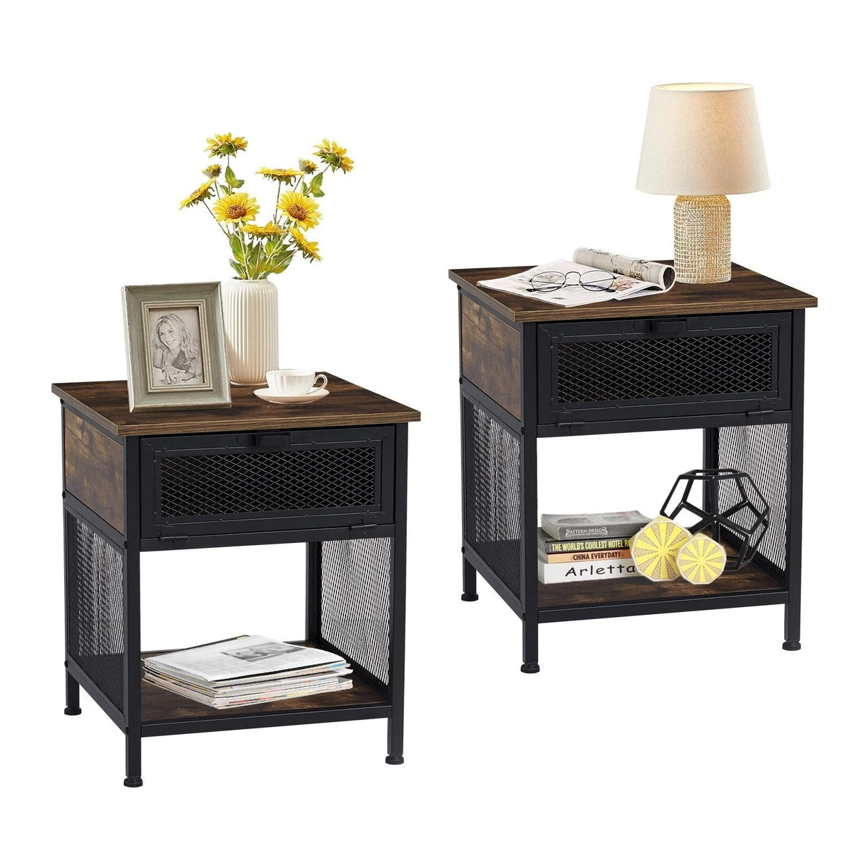 Kinbor Industrial Square Nightstand With Flip Drawer, Wood End Bedside Table W/ Mesh Shelf for Bedroom Living Room, Rustic Brown