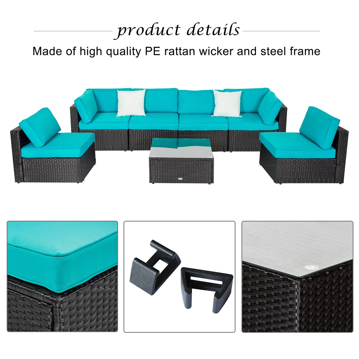 Kinbor Outdoor Patio 7 Pieces Furniture Sofa Sets, Rattan Wicker Sectional Sofa Conversation Set With Cushions & Coffee Table