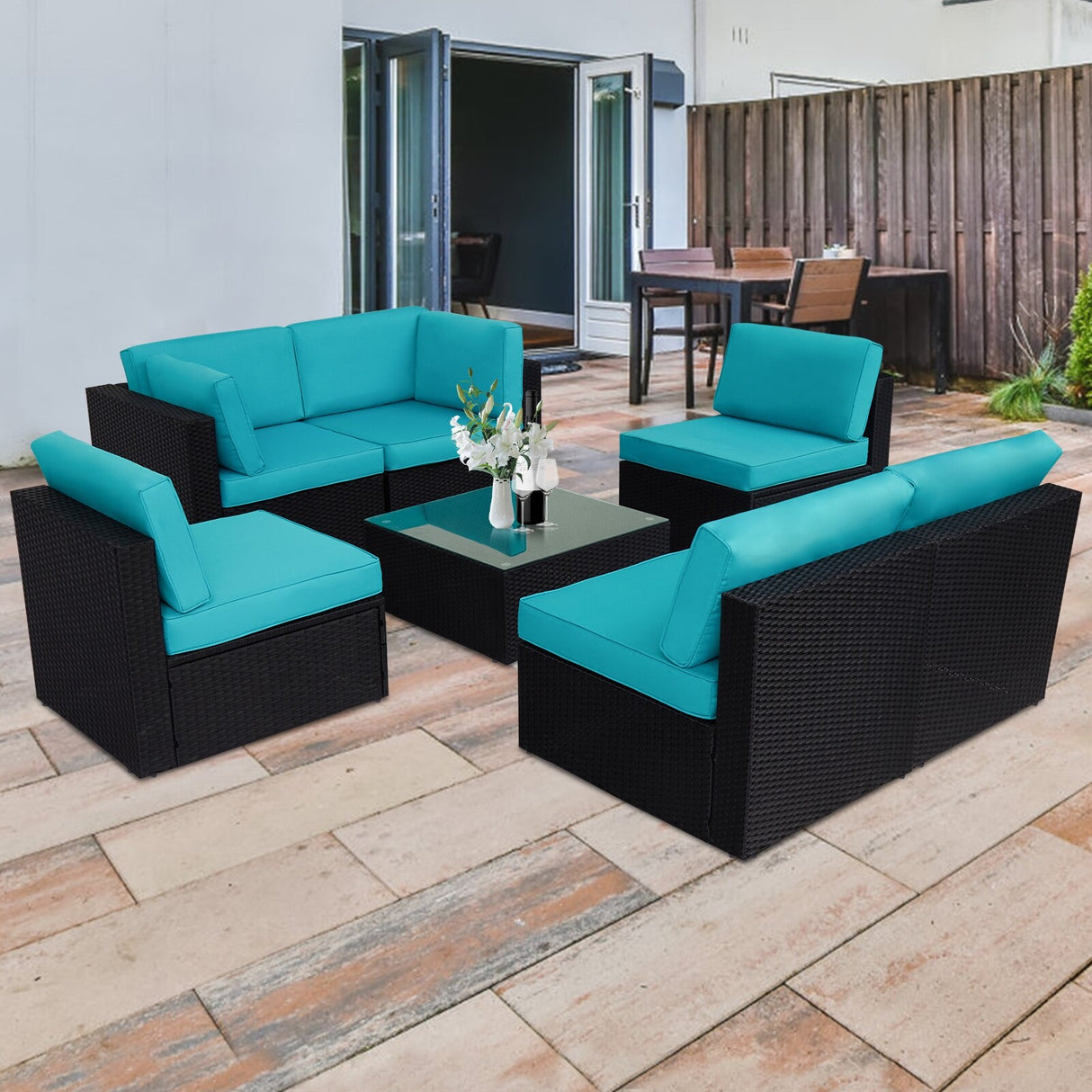 Kinbor Outdoor Patio 7 Pieces Furniture Sofa Sets, Rattan Wicker Sectional Sofa Conversation Set With Cushions & Coffee Table