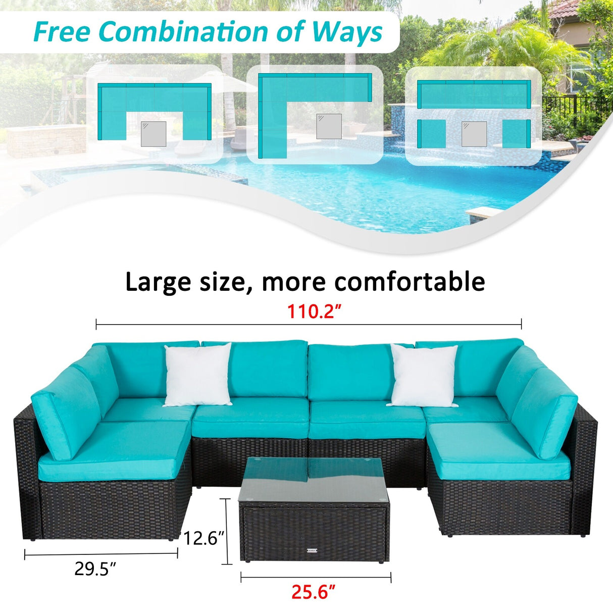 Kinbor Outdoor Patio 7 Pieces Furniture Sofa Sets, Rattan Wicker Sectional Sofa Conversation Set With Cushions & Coffee Table