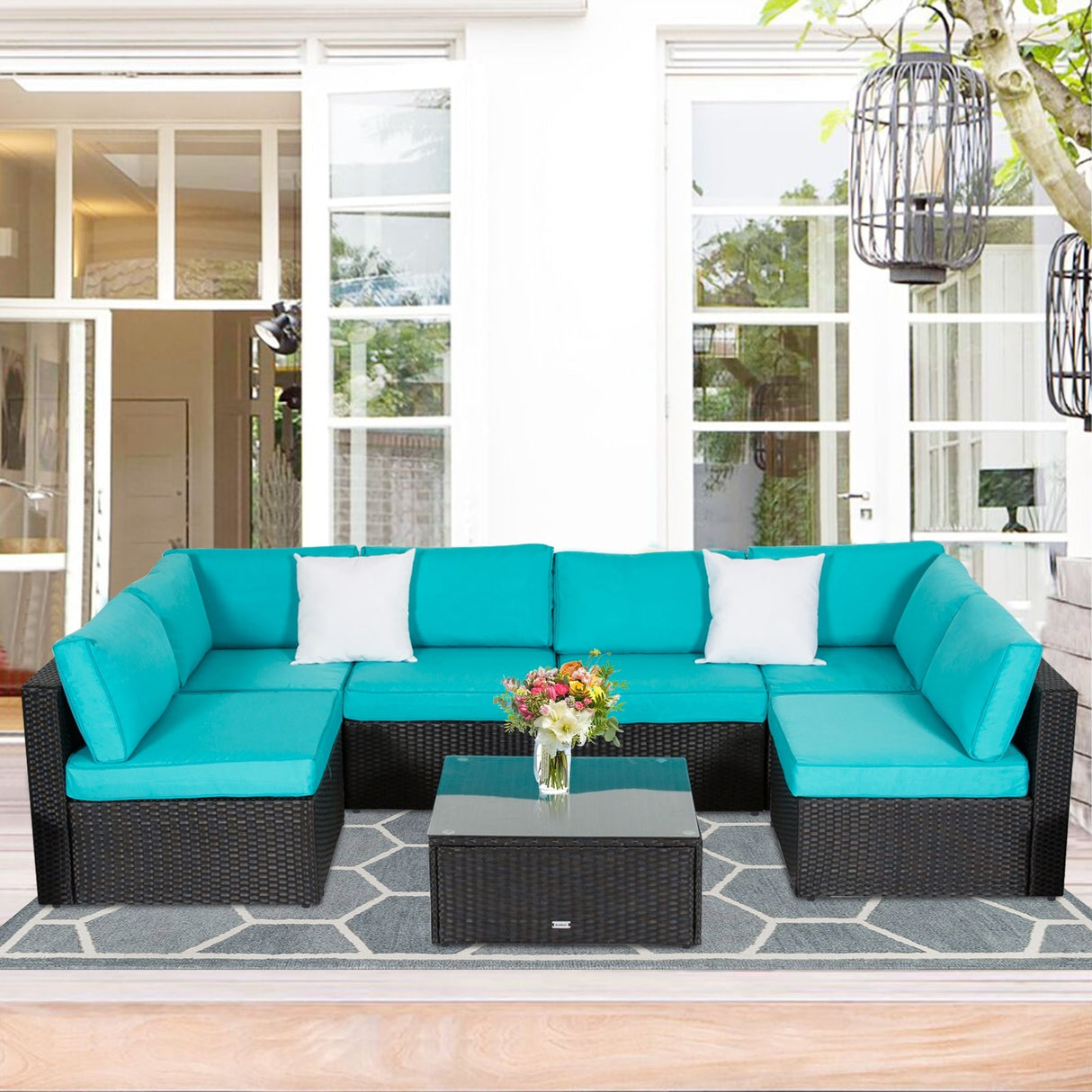 Kinbor Outdoor Patio 7 Pieces Furniture Sofa Sets, Rattan Wicker Sectional Sofa Conversation Set With Cushions & Coffee Table