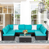 Kinbor Outdoor Patio 7 Pieces Furniture Sofa Sets, Rattan Wicker Sectional Sofa Conversation Set With Cushions & Coffee Table