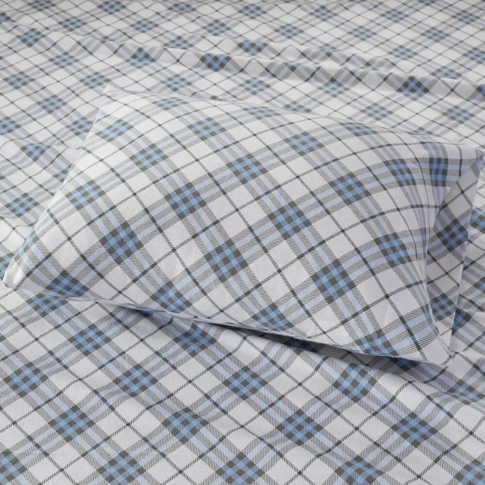 King Cozy Cotton Flannel Printed Deep Pocket Sheet Set Blue Plaid