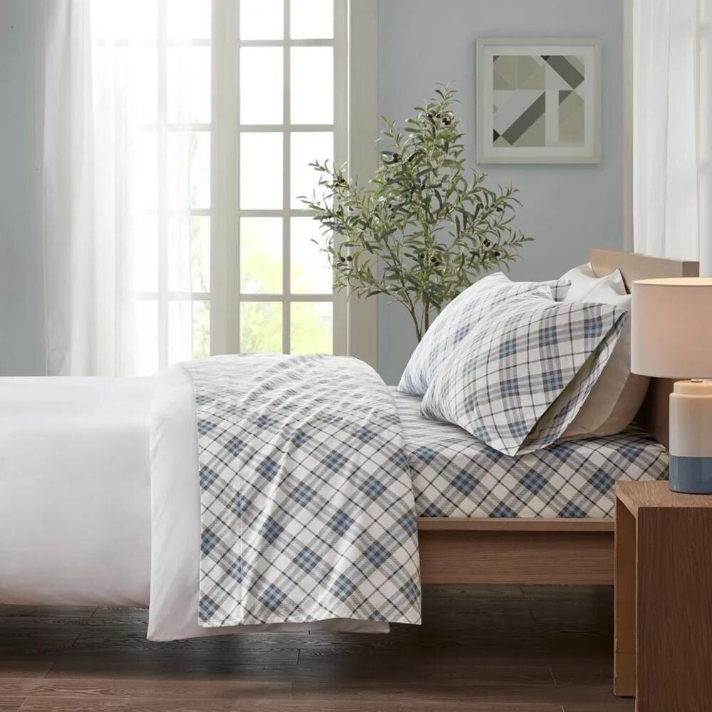 King Cozy Cotton Flannel Printed Deep Pocket Sheet Set Blue Plaid