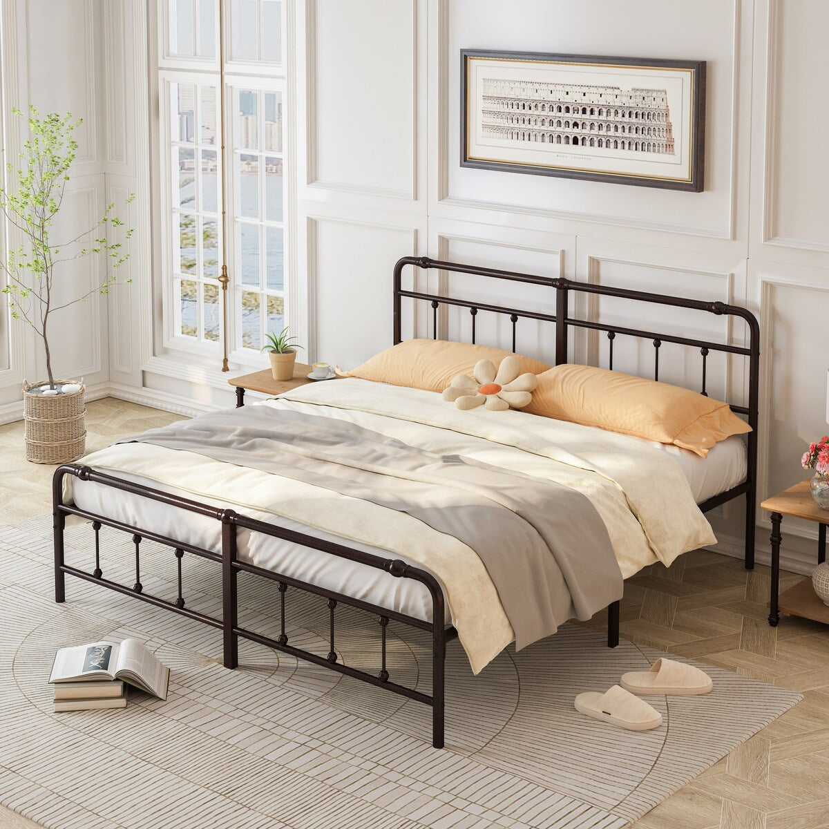 King Platform Bed with Victorian Style Wrought Iron-Art Headboard