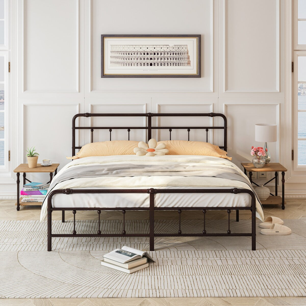 King Platform Bed with Victorian Style Wrought Iron-Art Headboard
