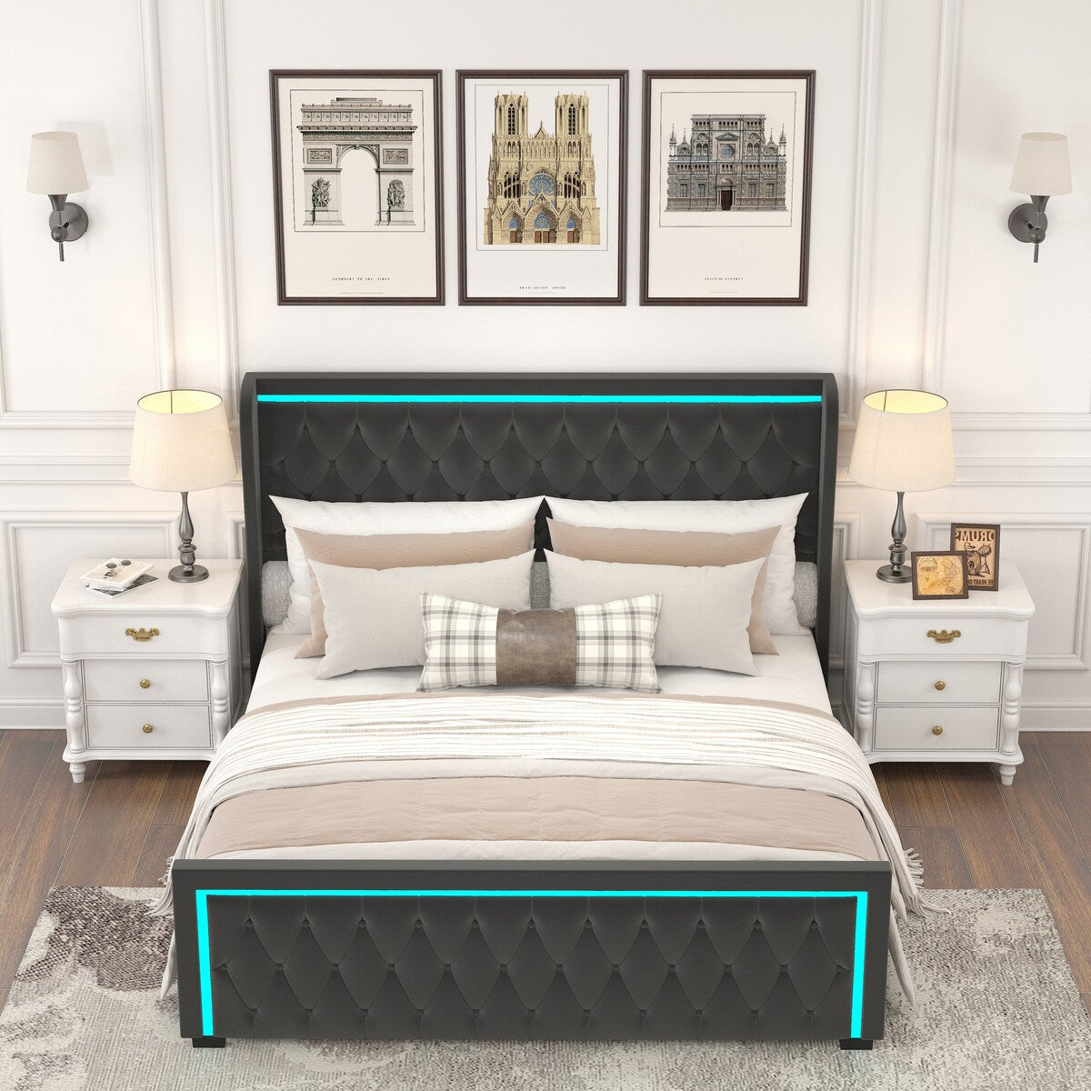 King Platform Bed Frame with Adjustable Colorful Lighted Strip Headboard