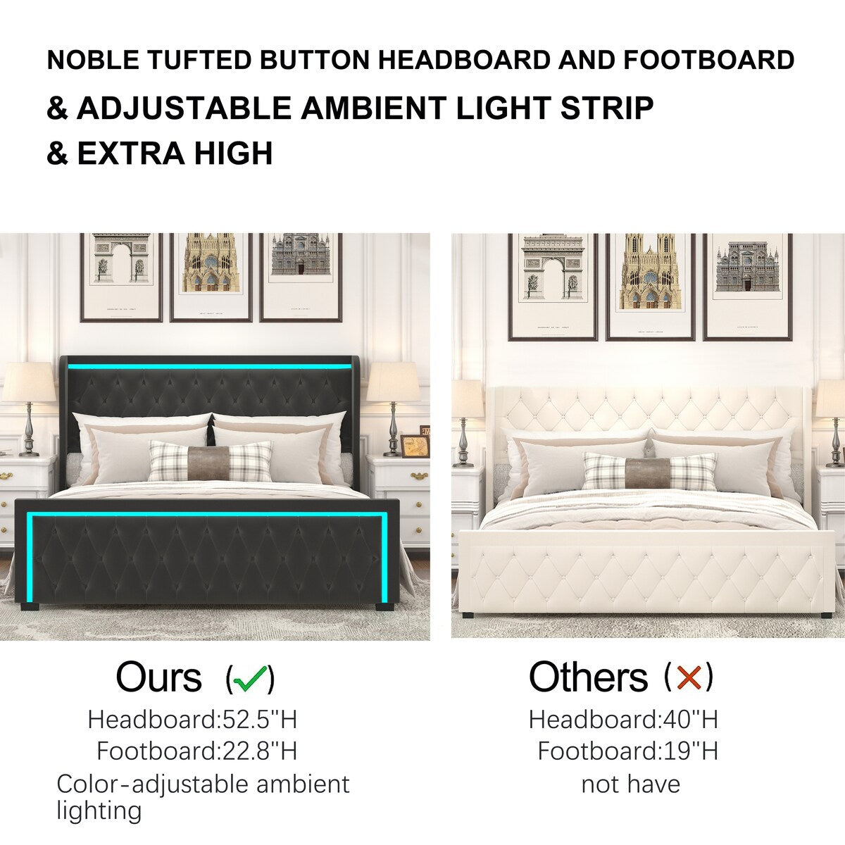 King Platform Bed Frame with Adjustable Colorful Lighted Strip Headboard
