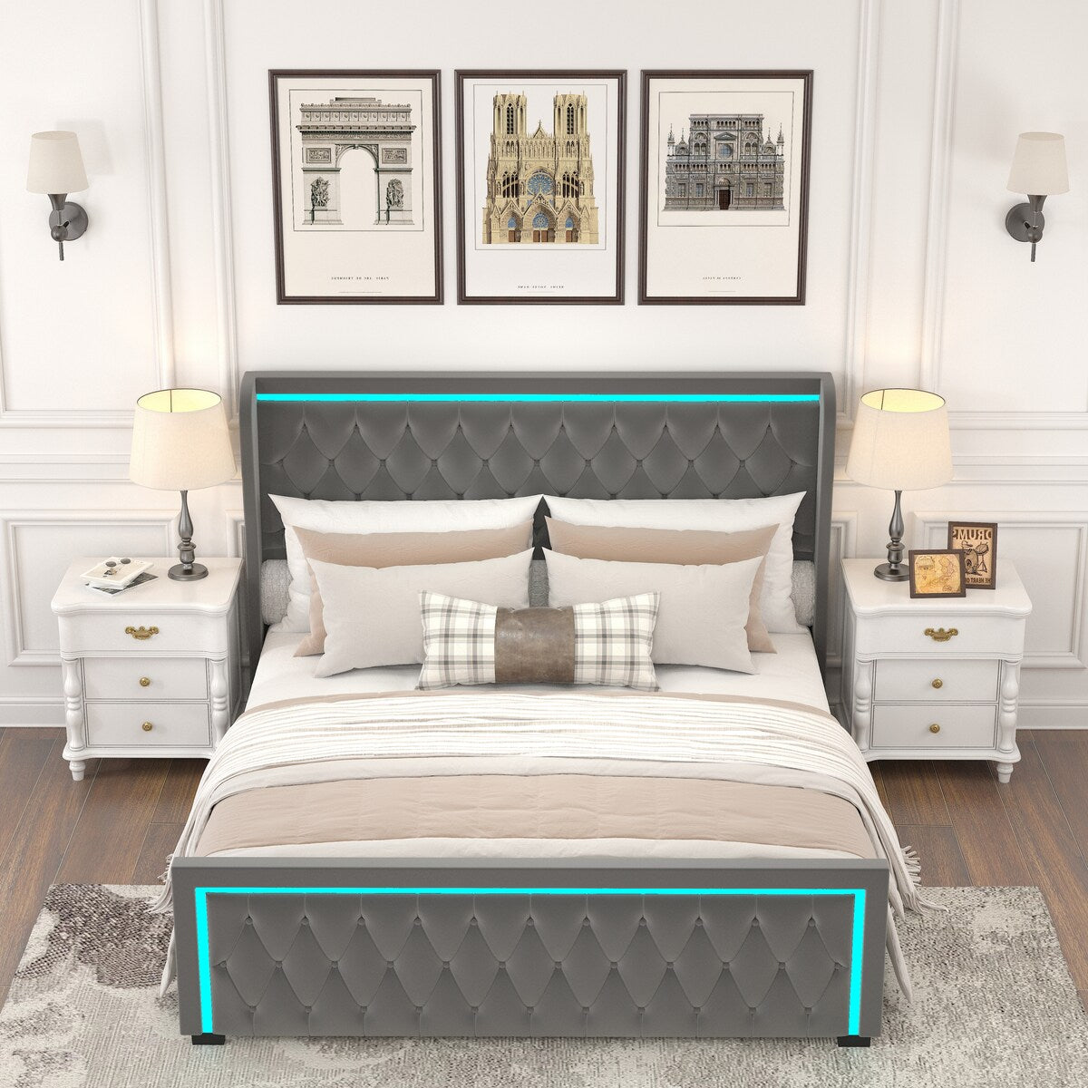 King Platform Bed Frame with Adjustable Colorful Lighted Strip Headboard