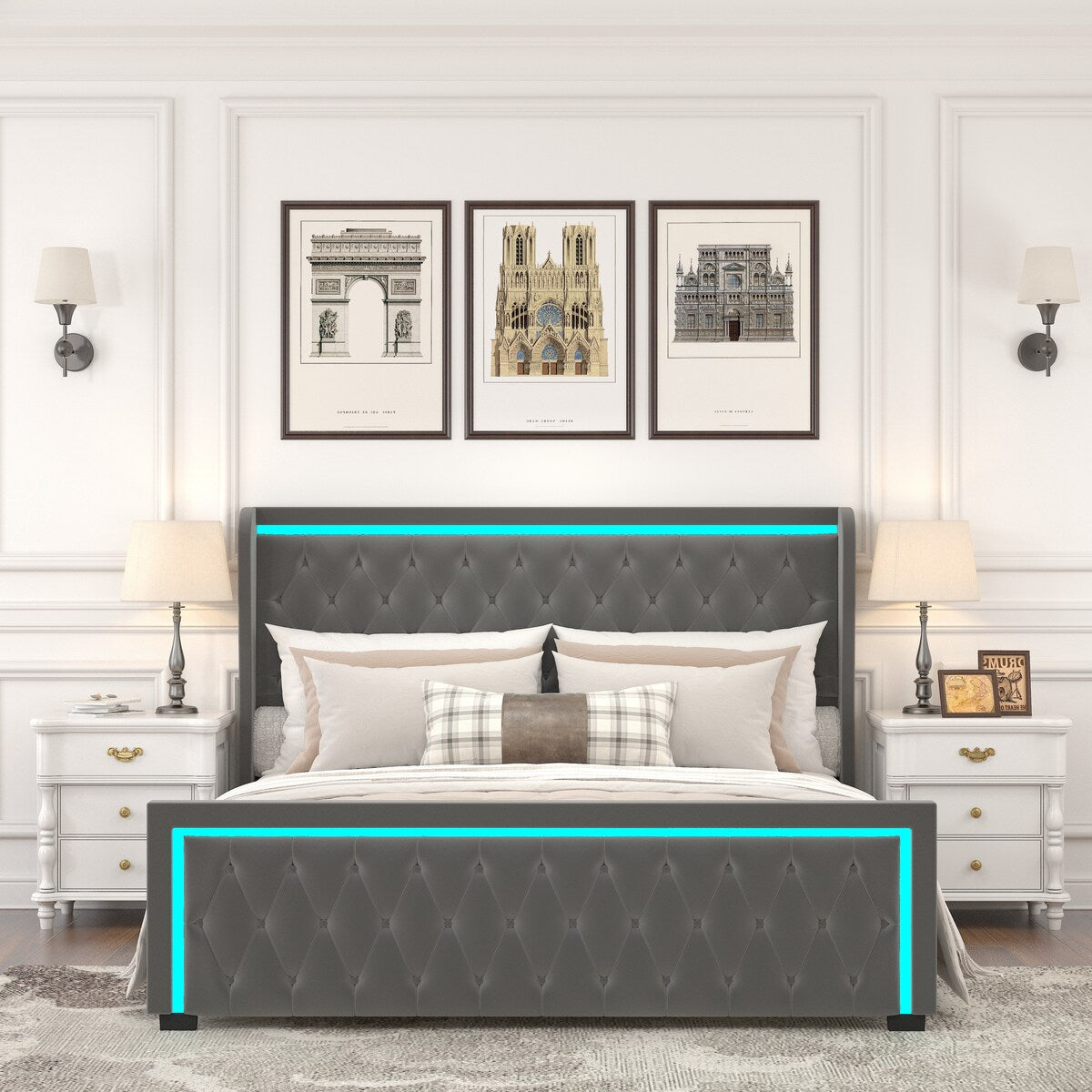 King Platform Bed Frame with Adjustable Colorful Lighted Strip Headboard