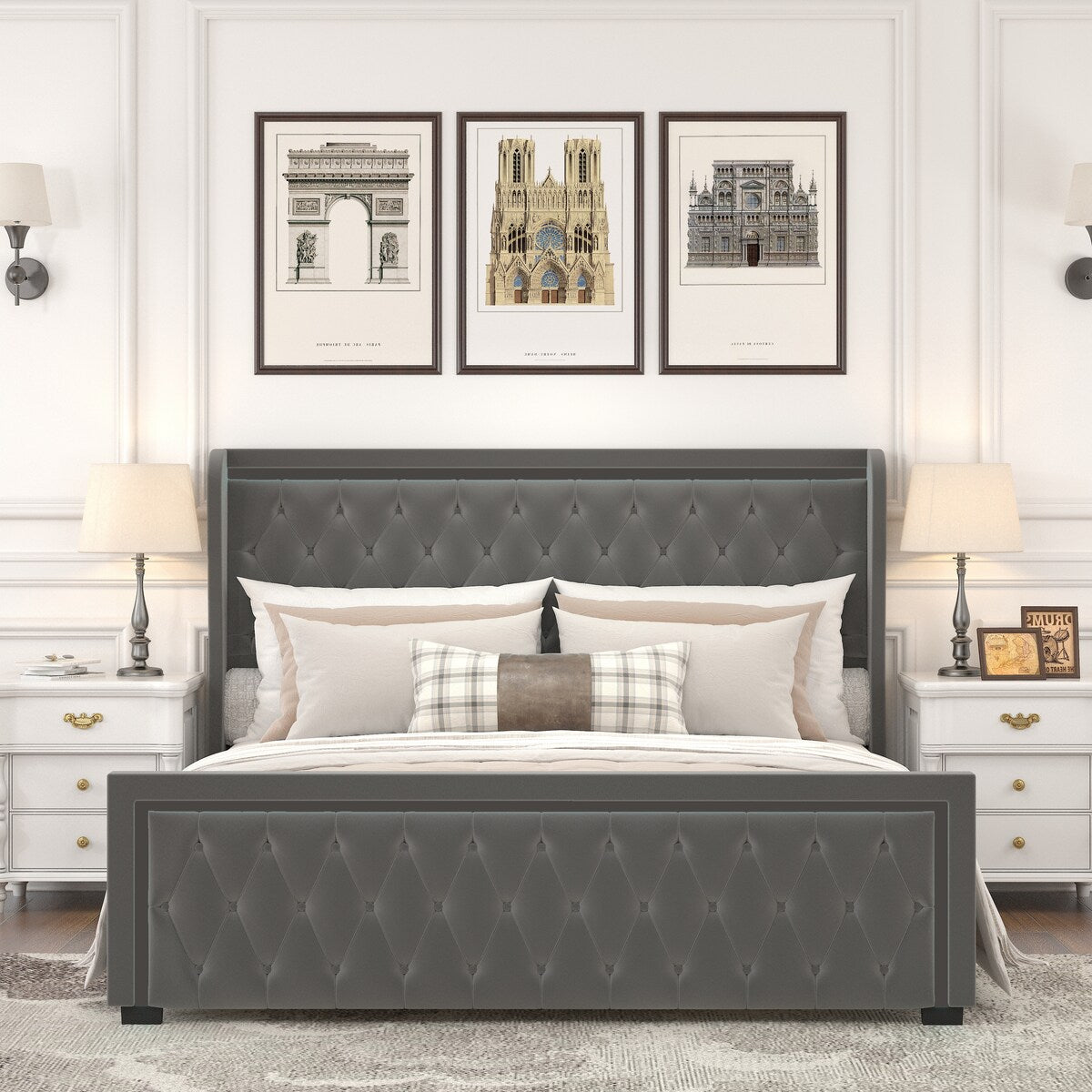 King Platform Bed Frame with Adjustable Colorful Lighted Strip Headboard