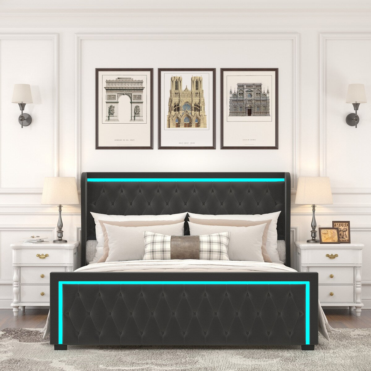 King Platform Bed Frame with Adjustable Colorful Lighted Strip Headboard