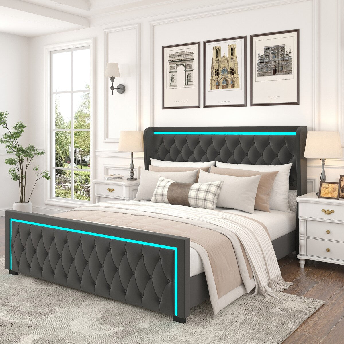 King Platform Bed Frame with Adjustable Colorful Lighted Strip Headboard
