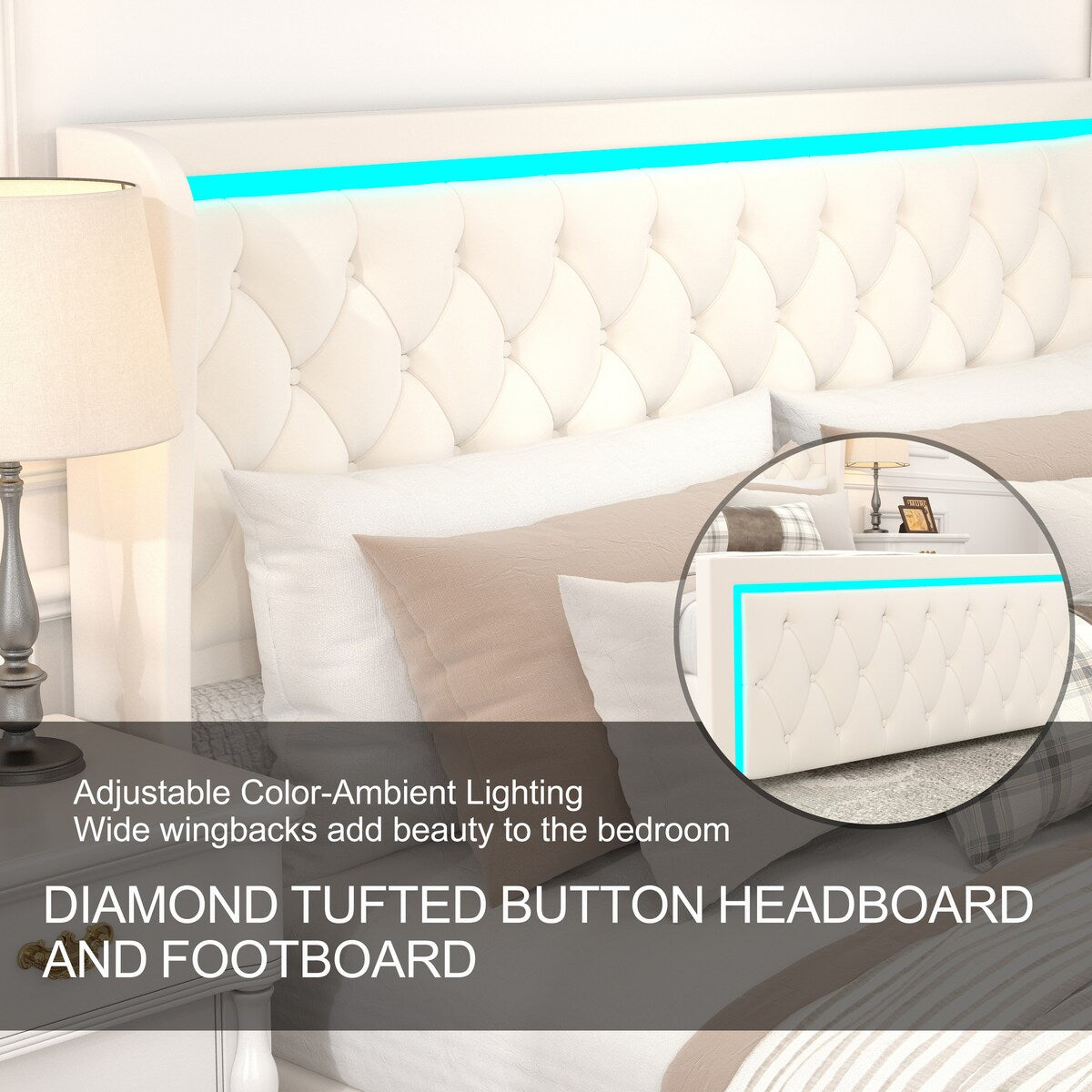 King Platform Bed Frame with Adjustable Colorful Lighted Strip Headboard