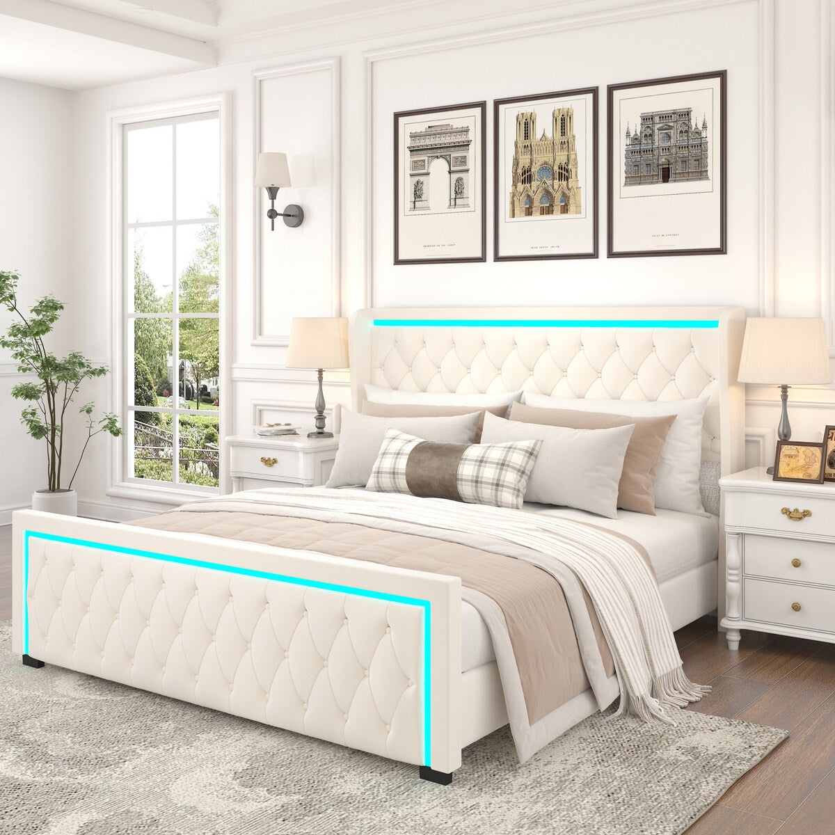 King Platform Bed Frame with Adjustable Colorful Lighted Strip Headboard