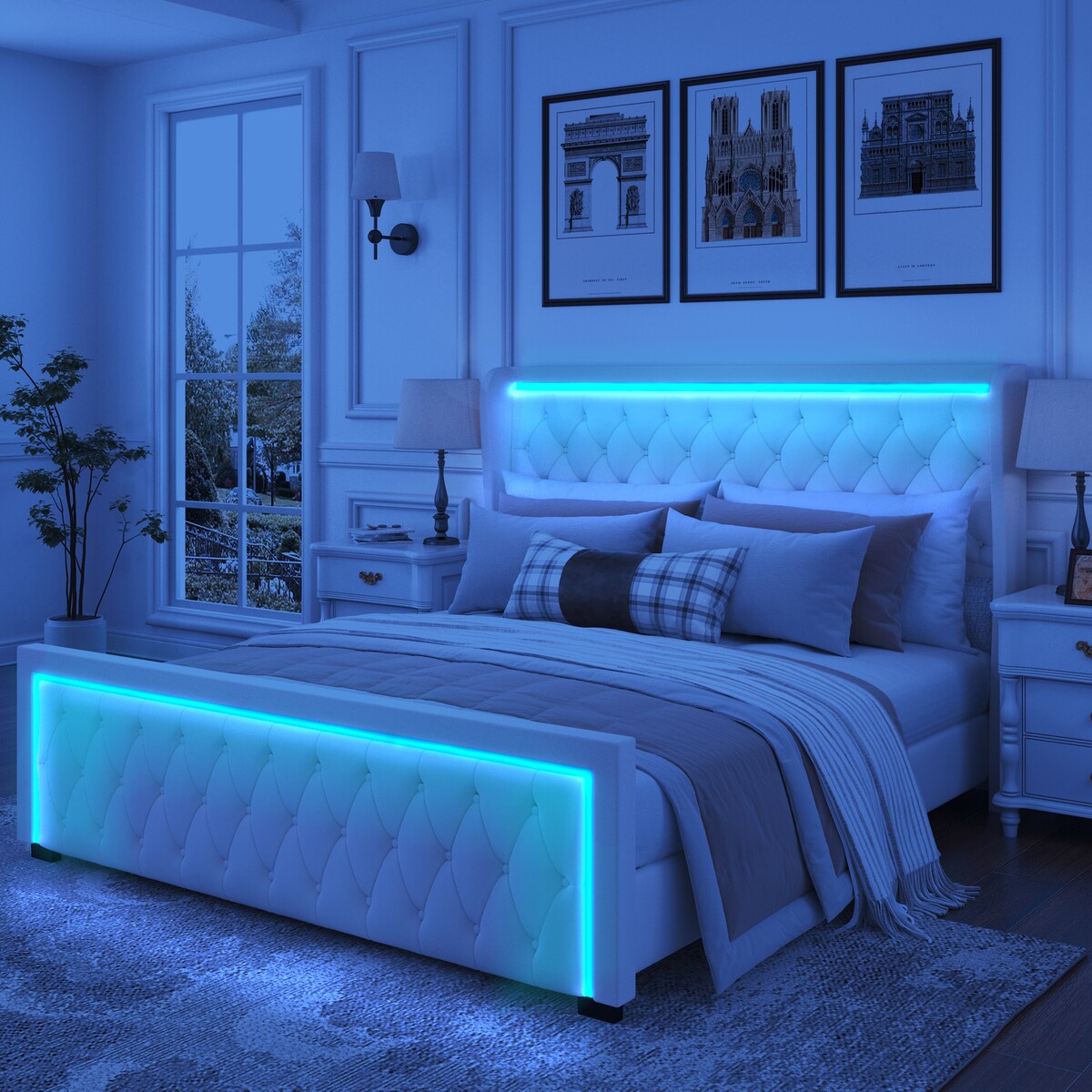 King Platform Bed Frame with Adjustable Colorful Lighted Strip Headboard