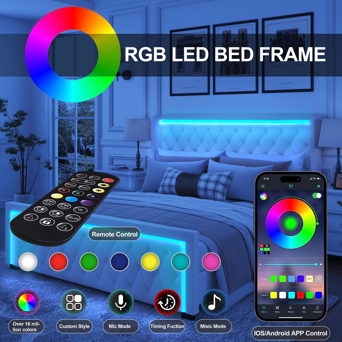 King Platform Bed Frame with Adjustable Colorful Lighted Strip Headboard