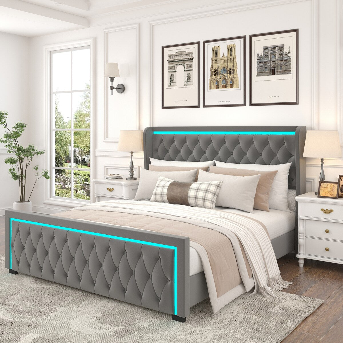 King Platform Bed Frame with Adjustable Colorful Lighted Strip Headboard