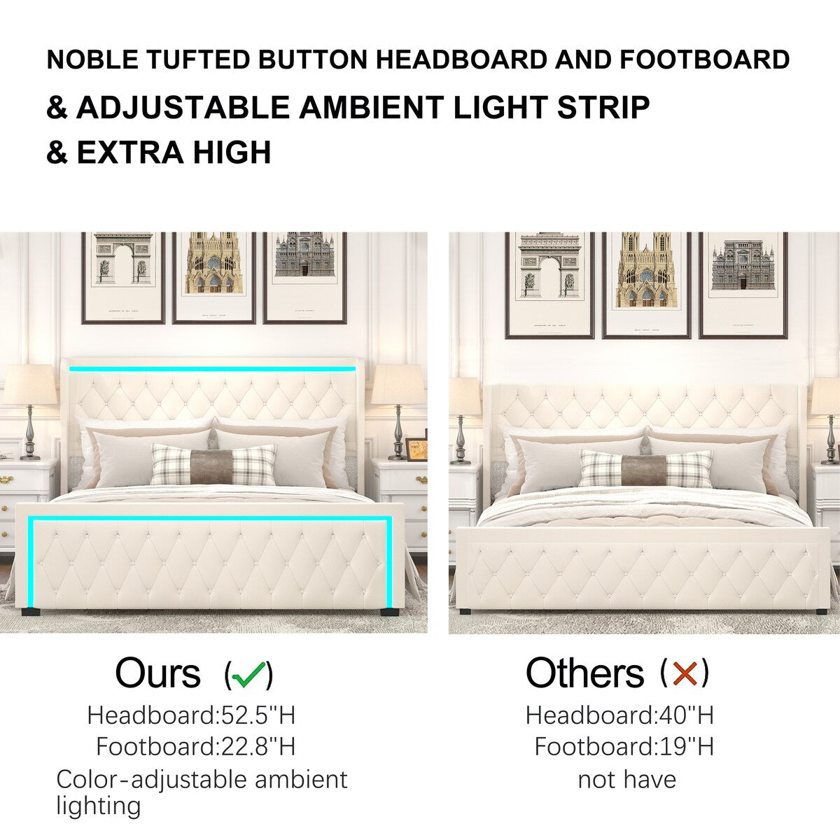 King Platform Bed Frame with Adjustable Colorful Lighted Strip Headboard